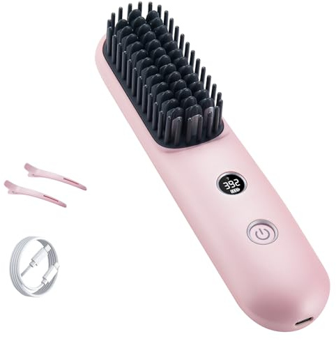 STUDLLY LCD Screen Cordless Hair Straightener and Curler 2 in 1, Rechargeable Portable Mini Travel Negative Ionic Hair Straightening Brush for Women, Fast Heating Hot Comb for Women, Pink