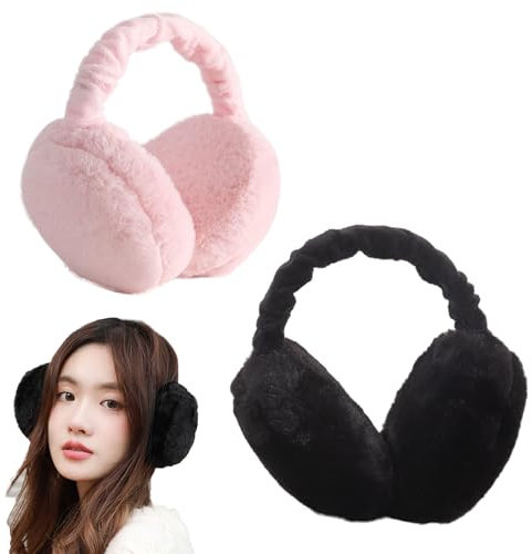 AWOCAN Earmuffs Women Fluffy Ear Muff Ear Warmers Winter Warm Plush Earmuff Foldable Unisex (BLACK+PINK)