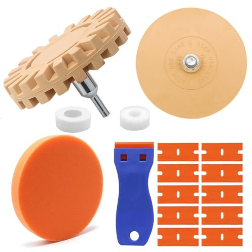 Soleeya 2 Stuck Folien Radiergummi Auto 100/88mm Folienradierer mit Adapter Radierscheibe+10 Klingen+Polierschwamm Gummi Aufkleber Entferner Entfernung des Zahnfleisches Radiergummi für Auto Aufkleber