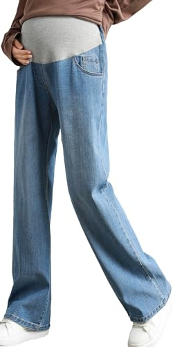 FEOYA Maternity Jeans for Women High Waist Long Wide Leg Pants Trousers Loose Fit Premaman Jeans L Blue