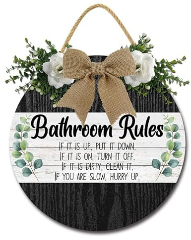 Geroclonup Bathroom Sign Bathroom Rules Sign Sage Green Bathroom Wall Decor Farmhouse Bathroom Wall Sign Round Wooden Hanging Bathroom Wall Art Decor for Home Laundry Decor 28cm