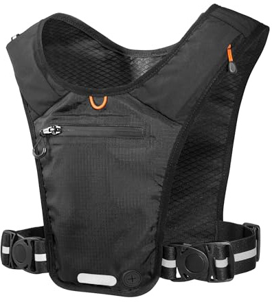 Spigen Dynamic Shield Running Vest Phone Holder with Adjustable Chest Strap (28-52) [Reflective Strips] for Men Women Sports Bag up to 6.9, Rear Storage, Shoulder Pouch for Jogging Marathon – Black