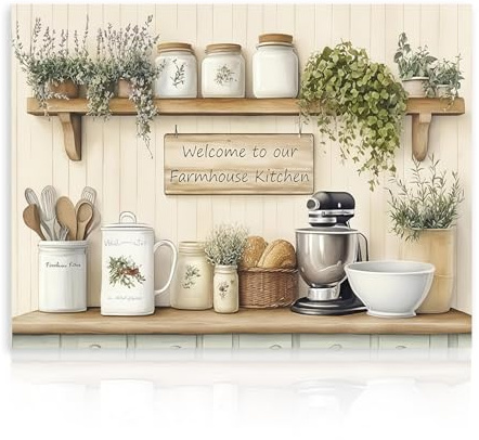 Dazzlewall Bauernhof Küche Leinwand Bild Willkommen in unserer Bauernhof Küche Rustikale Frische Pflanzen und Küchenutensilien Wand Poster für Esszimmer 30×40 cm Ungerahmt