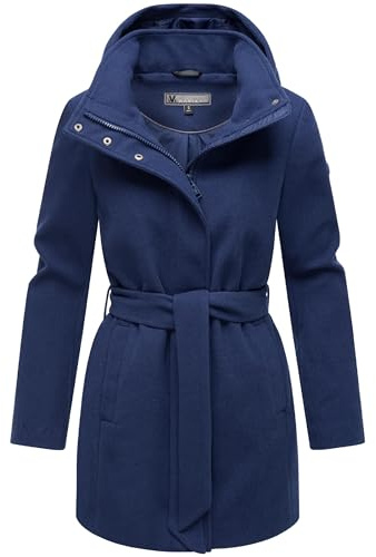 MARIKOO Damen langer Trenchcoat warme Übergangsjacke in Woll-Optik mit abnehmbarer Kapuze Katalinaa 16 XS-3XL