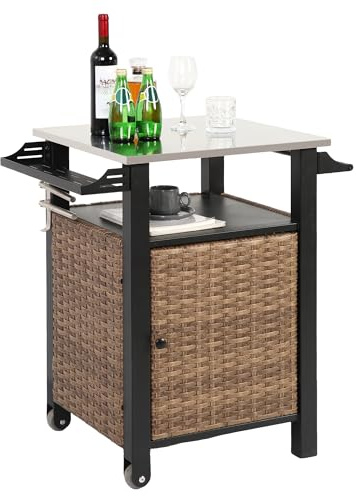 Villeston Grillwagen aus Rattan, Klein | Grilltisch & Edelstahl, Outdoor Servier-Bar-Tisch, mit Haken und Rädern, für Poolseite, Terrasse, Wiese