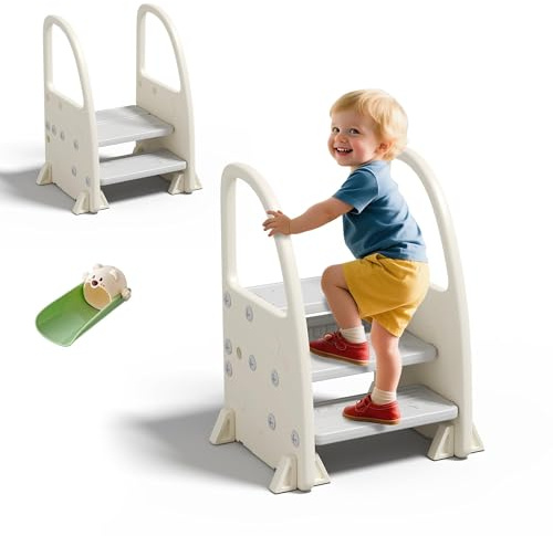 hoopyosms Sgabello per Bambini con Corrimano, Scaletta Regolabile a 2/3 Gradini, Antiscivolo e Sicura per Bagno e Cucina, Grigio