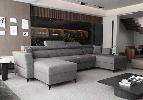 AXLIVING Ecksofa klein mit Schlaffunktion Ribella 345 cm Grau U-Form, Bettkasten