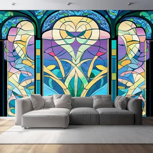 Fotomurales 300 x 210 cm Papel pintado Vitral, arte, geometría decoración Pared decorativos Murales Póster Gigante de Pared Personalizado 3D Para Salón o Dormitorio Azul Verde