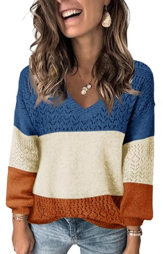 Fisoew Suéter Acanalado de Manga Larga con Cuello en V para Mujer | Jersey de punto acanalado para mujer con cuello de pico y manga larga