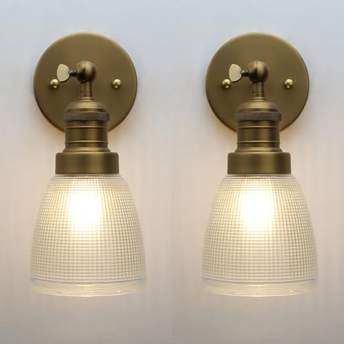 Pathson Set de 2 Vintage Industriel Applique Murale E27 Luminaires Intérieur Abat-jour en Verre Cloche Texturé Lampe Murale pour Salon,Cuisine, Salle de bain (Laiton Antique 2PCS)