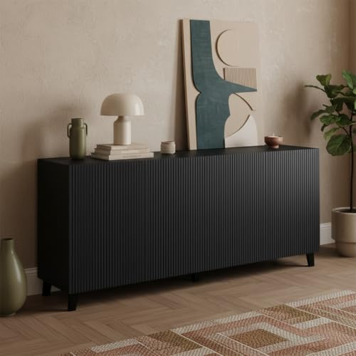 Bellamio Tana Kommode 185cm, mit 8 Fächern, Schwarz, mit geriffelter Front
