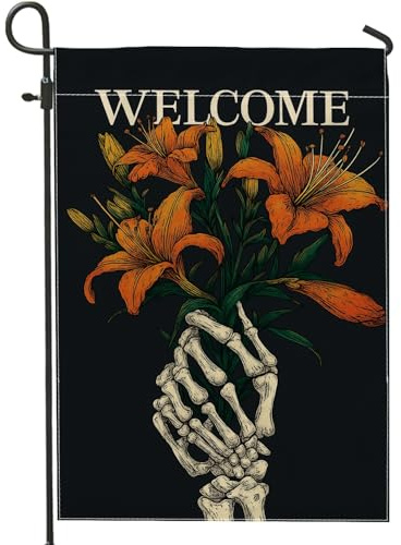 Gotische Willkommens-Gartenflagge, orangefarbenes Lilien-Hand-Design, doppelseitige Outdoor-Dekoration für Halloween und Herbst, Jute-Hofflagge für Rasendekoration, 30,5 x 45,7 cm
