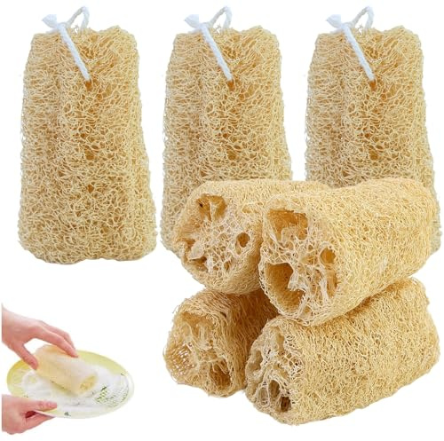 Lot de 7 éponges luffa naturelles en concombre, 10 cm, exfoliant luffa biodégradable, parfaites pour les soins du corps, la cuisine, la salle de bain et le savon loofah