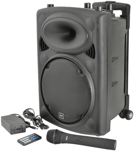 QTX QR10PA - Sistema de Altavoces PA portátil con Bluetooth, estéreo TWS, micrófono inalámbrico UHF, Reproductor Multimedia USB/SD/FM, batería Recargable, Carro, Amplificador inalámbrico Compacto