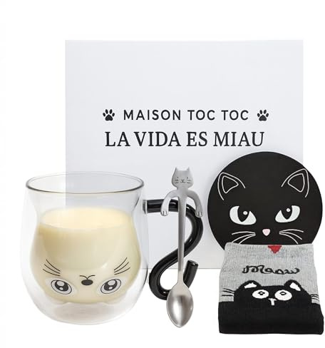 MAISON TOC TOC - Pack Regalo Mujer con Taza de Borosilicato, Calcetines, Cuchara de Acero y Posavasos de Gato - Idea Tierna y Útil para Regalo Amiga - Regalo Mama o Detalle Especial de Cumpleaños