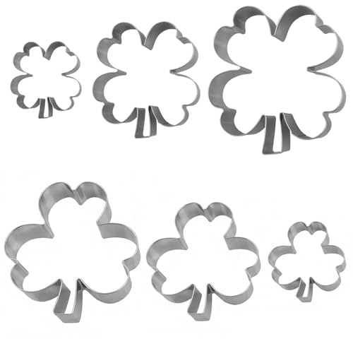 JUNJIEFU 6 Stück Keksausstecher, Kleeblatt und vierblättriges Kleeblatt | 6 Ausstechformen in 3 Größen aus spiegelpoliertem Edelstahl, für Plätzchen, Fondant und St. Patrick's Day