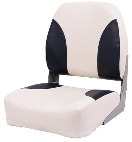 MyBoat Bootssitz Klappbar Economy – Bequemer Bootsstuhl & Angelstuhl für Boot – Klappsitz mit UV-beständigem Vinyl & Polsterung – Ergonomischer Steuerstuhl (Ohne Drehteller) (Weiß-Blau (Navy))