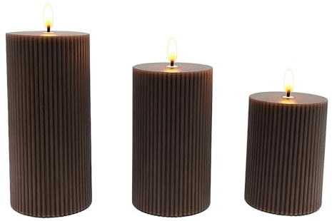 Relaxdays LED flamlösa ljus set med 3, flimrande låga, äkta vax, 18 x 7,5 x 7,5 cm, kaffe