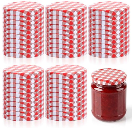 50 PcsTapas para Botes de Cristal, 82mm Tapas de Conservas de Boca Ancha, Tapas de Rosca para tarros de mermelada, tarros Mason, conservas, miel y mermelada (cuadros Rojo)