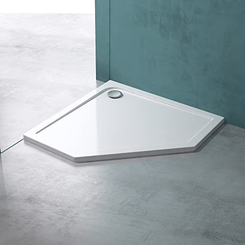 Mai & Mai Shower Tray Bathroom | Acrylic | Glossy White | Pentagonal Shower Tray | WDH: 90×90×4cm | Durable Modern Shower Base for Shower Enclosures with Waste Trap Faro5 Incl. Drain Set AL02