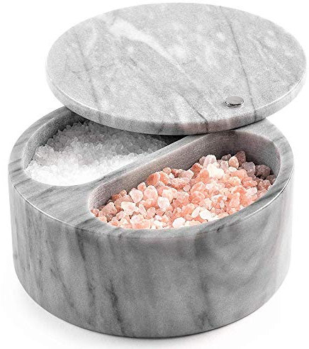 Salero con tapa giratoria y doble compartimiento elegante caja de sal de mármol con tapa para almacenamiento de sal, especias y hierbas, capacidad de 5 onzas (mármol blanco/gris)