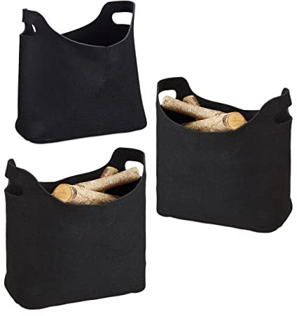Relaxdays 3er Set Filztaschen, faltbar, flexibel, Griffe, 20 Liter, Filz, Tragetasche, HxBxT: 39,5 x 40 x 23 cm, modern, schwarz