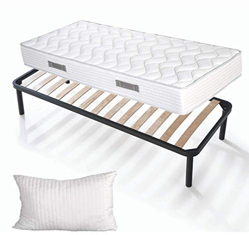 EVERGREENWEB KIT Lattenrost und Matratze 80x190 cm + Viscoschaumstoff Kissen KOSTENLOS, Orthopädische Weiße Matratze mit MASSAGEEFFEKT Bezug, Verstärkte Bettgestell Höhe 35 cm + 4 Abnehmbar Füße