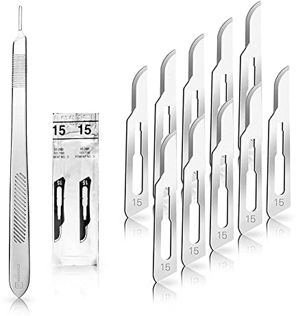 Set - 10 Stück Skalpellklingen Figur 15 aus Karbonstahl - Ersatzklingen einzeln steril verpackt + 1 x May - Skalpell-Halter - 21 cm lang - Edelstahl