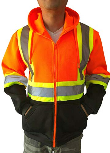 NY GOLDEN FASHION Hi Vis High Visibility Reflective Construction Work Fleece Hoodie Sweatshirt Jacket with Hood (Neon Orange, XL)