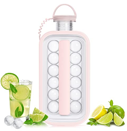 LittleStar Ice Cube Trays 2 in 1 Portable Ice Ball Maker Kettle With 17 Grids Flat Body Lid Cooling Ice Pop/Cube Molds For Hockey,Cocktail,Coffee,Whiskey,Champagne,Beer,Juice,Water (Pink)
