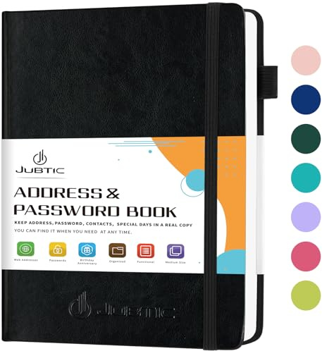 JUBTIC Address book with Alphabetical Tabs, Hardcover Password Keeper and Telephone Book Address Organizer Record Contacts, Internet Login Address Log book Journal Notebook for Home or Office-Black