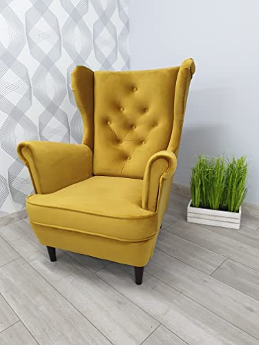 Poltrona tappezzata, poltrona con orecchie, poltrona per il soggiorno, poltrona Relax, TV, poltrona comoda per il salotto, poltrona scandinava, camera da letto, (giallo B68, con poggiapiedi)