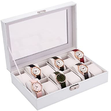 YOYUMI Uhrenkasten 12 Fach Weiße Pu Uhren Schmuckbox Aufbewahrungsbox Uhrenverpackungsbox