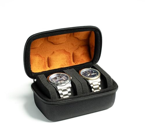 AUKURA Reise-Etui mit 2 Schlitzen für Herren, harter Reißverschluss, Organizer-Box für große Uhren mit Anti-Bewegungs-Uhrenkissen (schwarzes Mikrofaser-Innenfutter mit 2 Schlitzen)