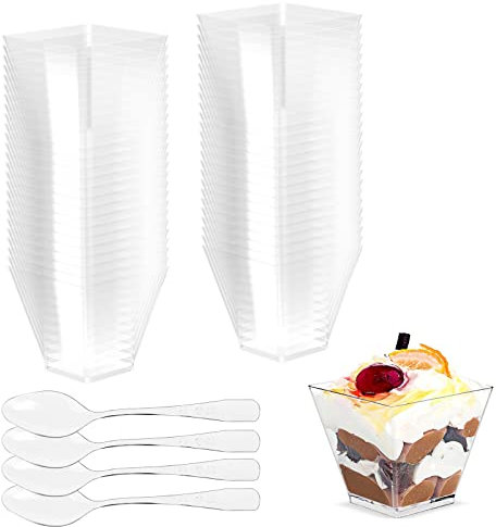 Gvolatee 50 Pezzi 60 ml/2oz tazze bicchieri da dessert con Cucchiai Plastica, Finger Food Contenitori Riutilizzabili Quadrati Trasparenti per Budini, Mousse, Gelati, Compleanni, Matrimoni