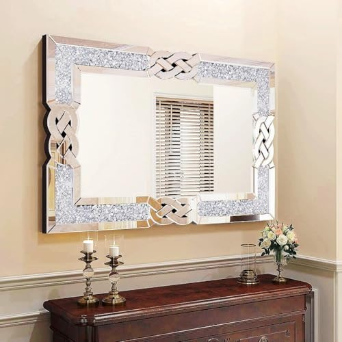 Artloge Wandspiegel Kristall Spiegel 90×60 cm: Luxus Groß Wohnzimmerspiegel mit Rechteckiger Rahmen, Modern HD Dekospiegel Silber für Wohnzimmer Schlafzimmer