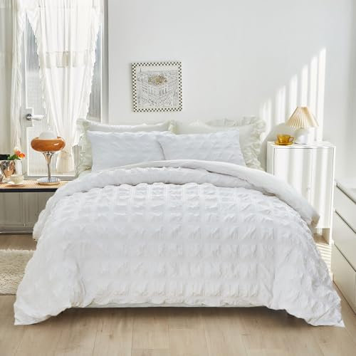 YASMENG Ropa de cama Seersucker de 200x220 cm, color blanco, a cuadros, ropa de cama de verano, suave, mullida, transpirable, 3 piezas, funda nórdica con cremallera y 2 fundas de almohada de 80x80 cm