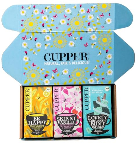 Cupper Bio Tee Set Lieblinge, Tee Geschenkset, Früchtetee, Kräutertee, drei verschiedene Sorten, 60 ungebleichte, plastikfreie Teebeutel, 3er Pack | Beliebte Früchte- & Kräutertees | plastikfrei | fair gehandelt | ideales Tee-Geschenk