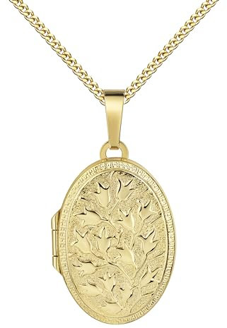 JEVELION Fotomedaillon Medaillon 333 Gold ovaler Amulett Anhänger für 2 Bilder zum Öffnen für Damen mit Schmuck-Etui und Halskette Mit Medaillonkette 925 Silber vergoldet - Kettenlänge 60 cm.