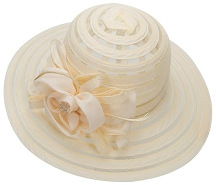 HilyBony Kentucky-Hut mit breiter Krempe, Organza-Derby-Hut, Braut, Hochzeit, Kirche, Teeparty, breite Krempe, Sommer-Sonnenkappe, beige, M