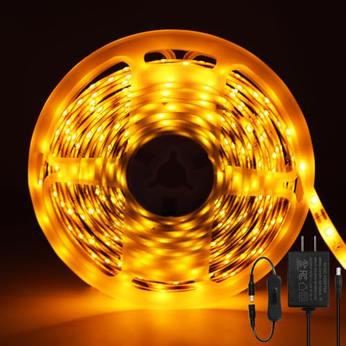 ShineBurky Tira LED 5 Metros Amarillo, 12V Luces LED 300LEDs SMD2835 | Luz LED Adhesiva Impermeable IP65 Strip Light Flexible Cocina Interior Exterior Navidad DIY Decoración (mit Adaptador)