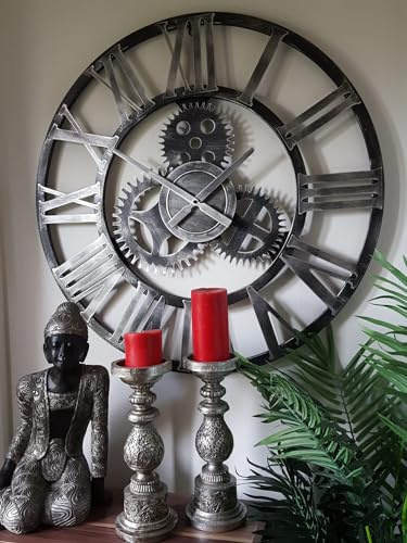 76cm - 100% Metal Large Skeleton Gear Wall Clock - Rustic Silver Colour - Industrial Mechanical Look - Silent Metal Wall Clock - Roman Numerals - Wall Art - Silent Clock