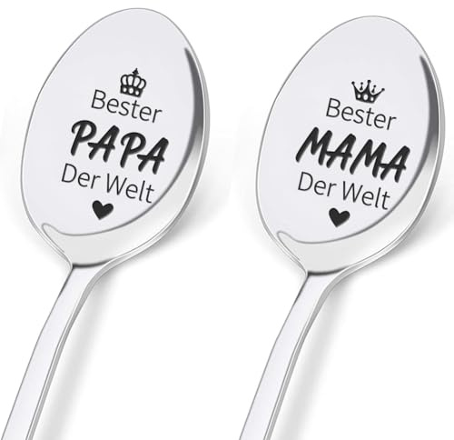 GLOBLELAND 2Stück Papa und Mama Geschenk, Kaffeelöffel Gravur Mit Geschenkbox, Löffel personalisiert, Beste Papa Mama Der Welt, Löffel aus Edelstahl für Weihnachten Ostern Vatertag Muttertag 19 CM