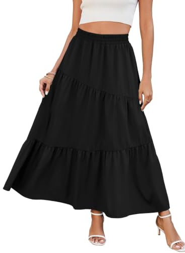 Timuspo Womens Summer Skirts with Pockets Tiered Pleated Gypsy Black Maxi High Waist Ruffle Long Skirt L
