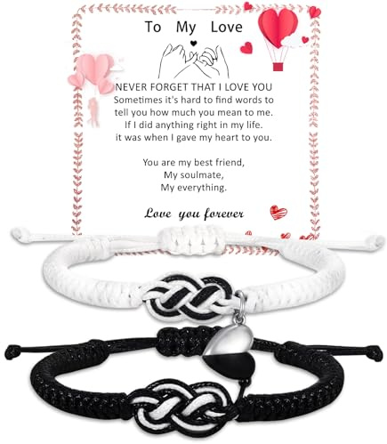 2 PCS Matching Couple Magnetic Rope Bracelet with Heart Gifts for Men Women | Couples Adjustable Bracelet Christmas Anniversary Valentines Jewelry for Him Her Boyfriend Girlfriend Lover Husband Soulmate