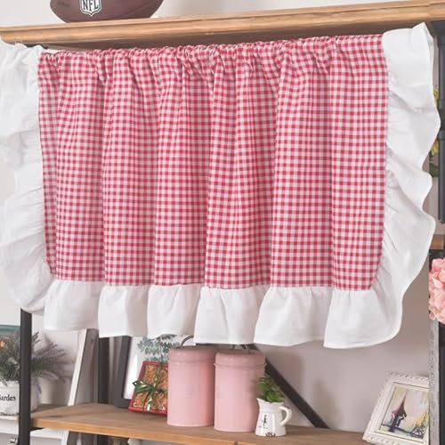 XHBYW 45–94 cm halbdurchsichtige Bauernhaus-Café-Vorhänge mit Stangentaschen-Volant mit Gitter und weißem Lotus-Design für kleine Fenster, Küche, Badezimmer-Dekor