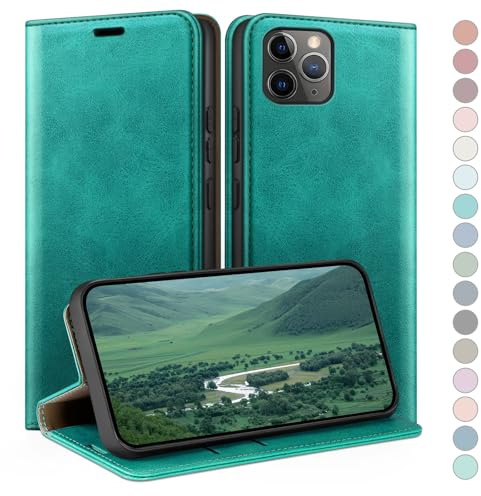 HUOUH für iPhone 11 Pro 5.8 Hülle mit RFID Schutzhülle aus Lederhülle Handyhülle,Kartenfach Leder ständer Handy hülle,360 Grad Schutz Cover für Apple 11 Pro Klapphülle Wallet Case Blaugrün