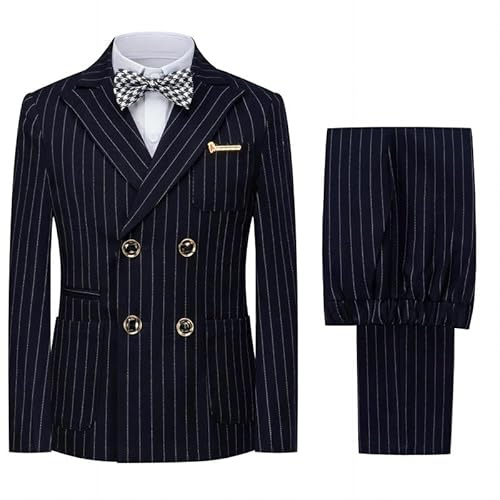 Jungen Anzüge kariert zweireihig Kinder Smoking Blazer Jacke Hose Weste Hochzeit, Marineblau, 164