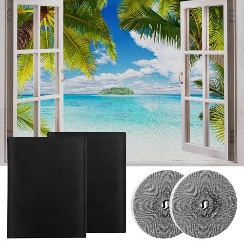 AYSYR 2 Stück Fliegengitter 1.5 × 2 Meter mit 2 Selbstklebendes Klettband(7 M),Insektenschutz Fenster Kein Bohren Erforderlich,für Fliegengitter Balkontür,Fliegennetz Fenster Leicht zu Entfernen