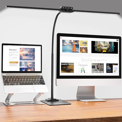 24W LED Doppelkopf Schreibtischlampe mit Standfuß, dimmbar, 80 cm | Flexible Schwanenhals, Sensible Berührungssteuerung, mehrere Beleuchtungsmodi, Flackerfreie-Augenschutz, Speicherfunktion